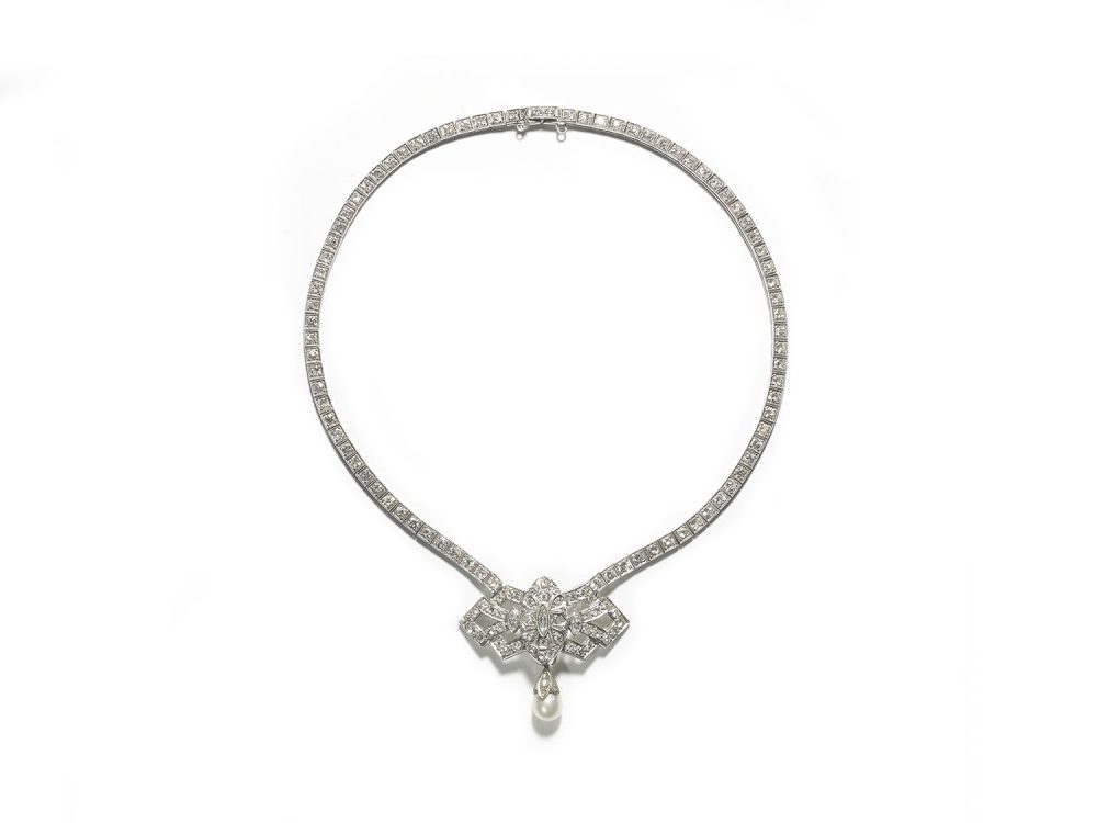 Vintage Pearl Diamond Platinum Necklace