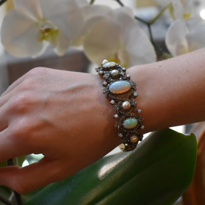 Pearl Opal Diamond Gold Bangle Bracelet