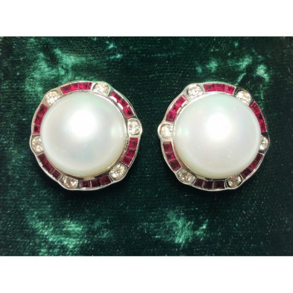 Pearl Ruby Diamond Platinum Earrings
