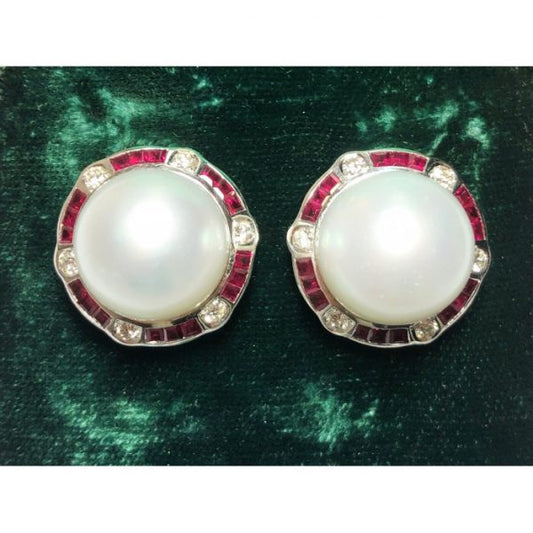 Pearl Ruby Diamond Platinum Earrings