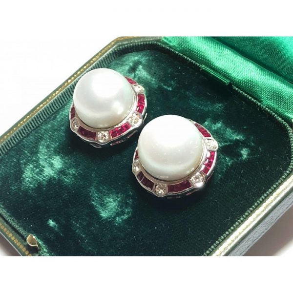 Pearl Ruby Diamond Platinum Earrings