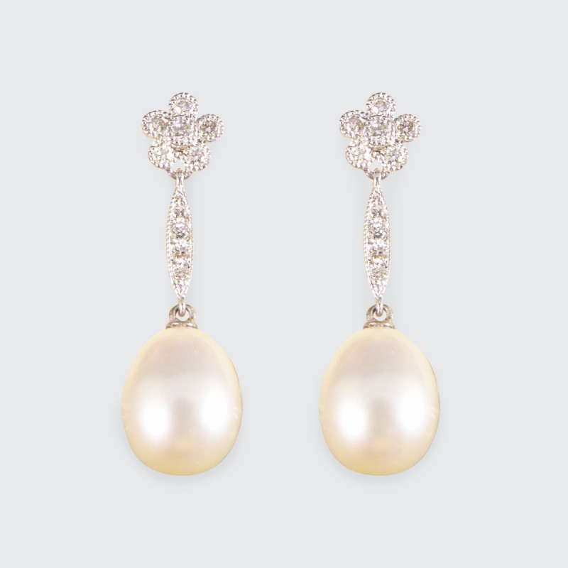 Pearl and Daisy Cluster Diamond Set Long Drop Earrings 