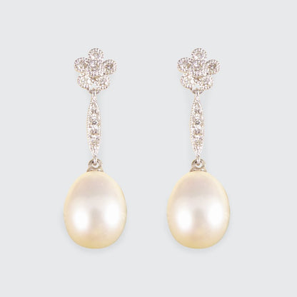 Pearl and Daisy Cluster Diamond Set Long Drop Earrings 