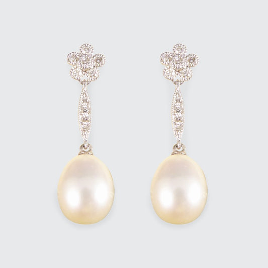 Pearl and Daisy Cluster Diamond Set Long Drop Earrings 