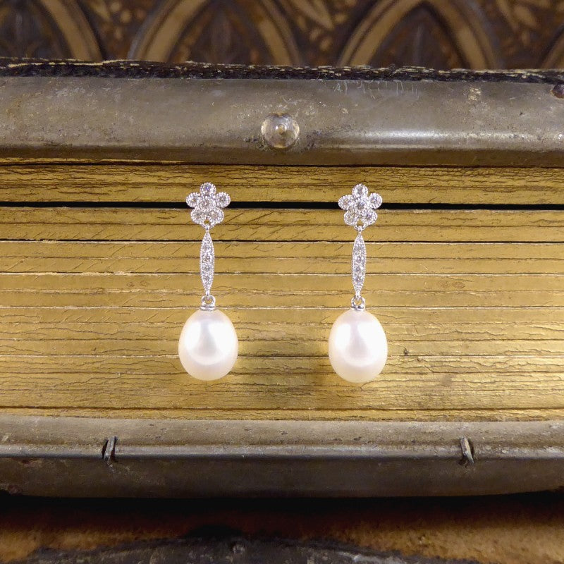 Pearl and Daisy Cluster Diamond Set Long Drop Earrings 