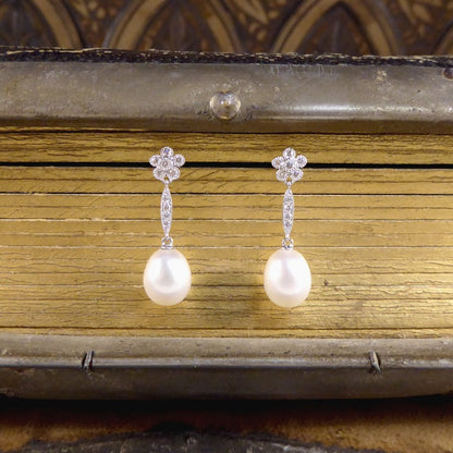 Pearl and Daisy Cluster Diamond Set Long Drop Earrings 