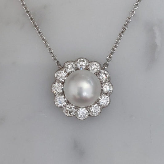 Pearl and Diamond Cluster Pendant Necklace