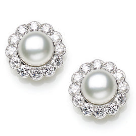 Pearl and Diamond Cluster Stud Earrings