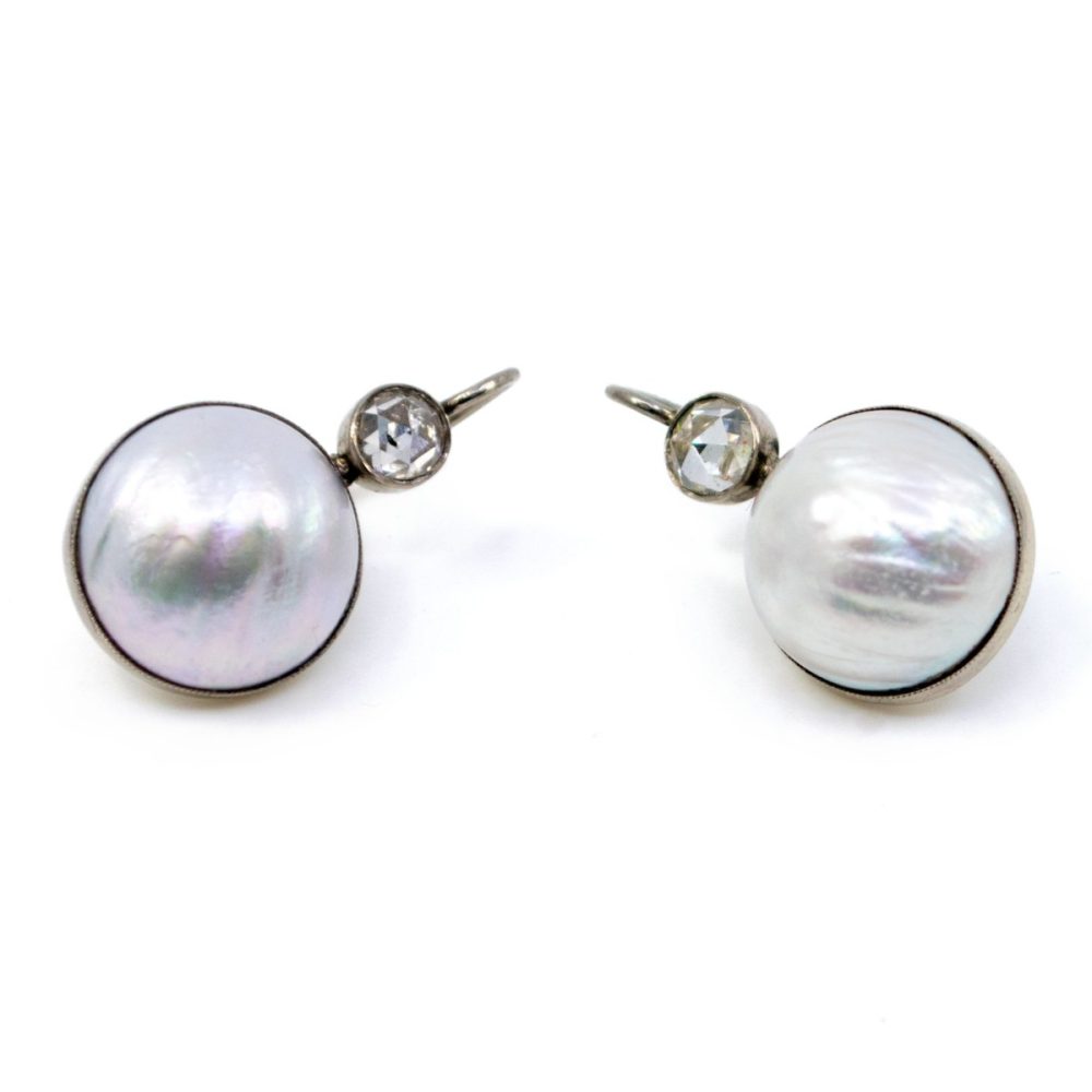 Pearl and Rose Cut Diamond Drop Earrings