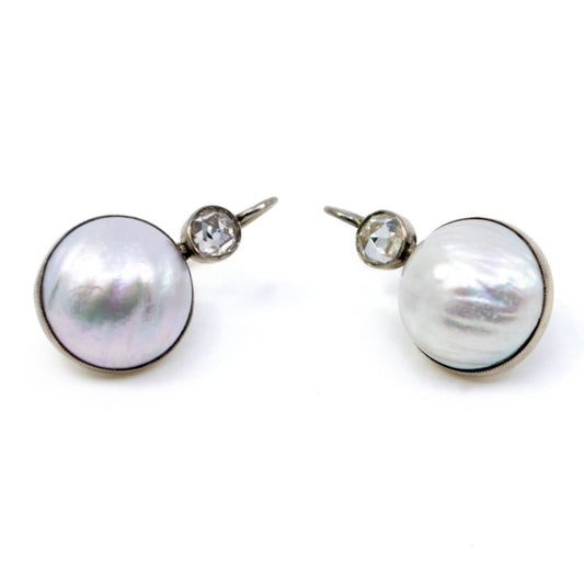 Pearl and Rose Cut Diamond Drop Earrings
