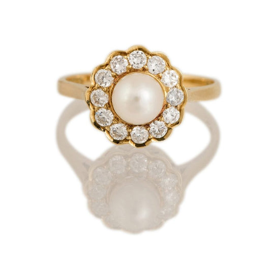 Pearl and Diamond Cluster Ring, diamonds totalling 0.60 carats, set in 18ct yellow gold