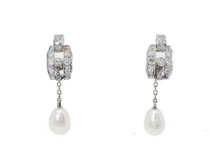 Antique Art Deco Brilliant Cut Diamond and Pearl Drop Earrings