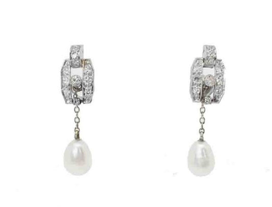 Antique Art Deco Brilliant Cut Diamond and Pearl Drop Earrings
