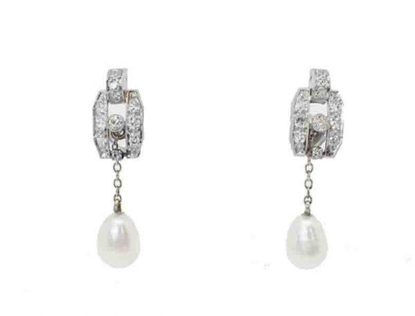 Antique Art Deco Brilliant Cut Diamond and Pearl Drop Earrings
