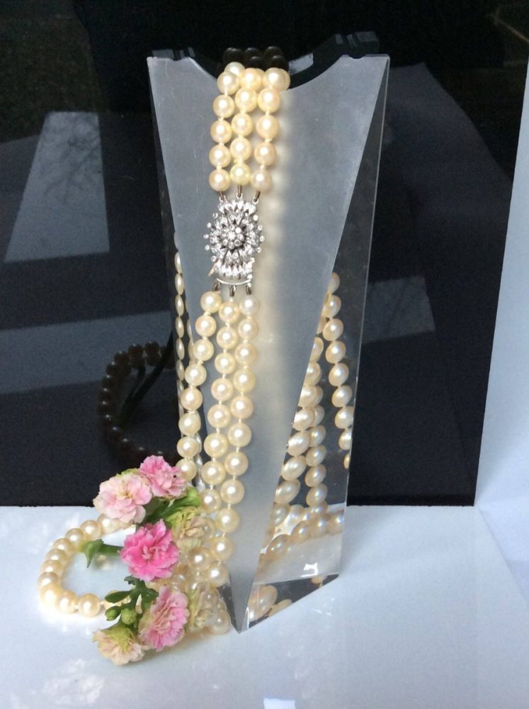 Vintage Three Row Pearl and Diamond Collar Necklace