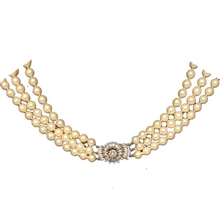 Vintage Three Row Pearl and Diamond Collar Necklace