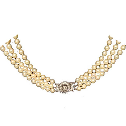 Vintage Three Row Pearl and Diamond Collar Necklace