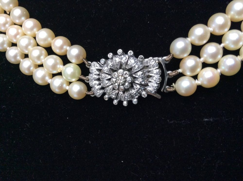 Vintage Three Row Pearl and Diamond Collar Necklace