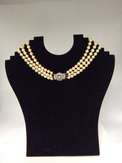 Vintage Three Row Pearl and Diamond Collar Necklace