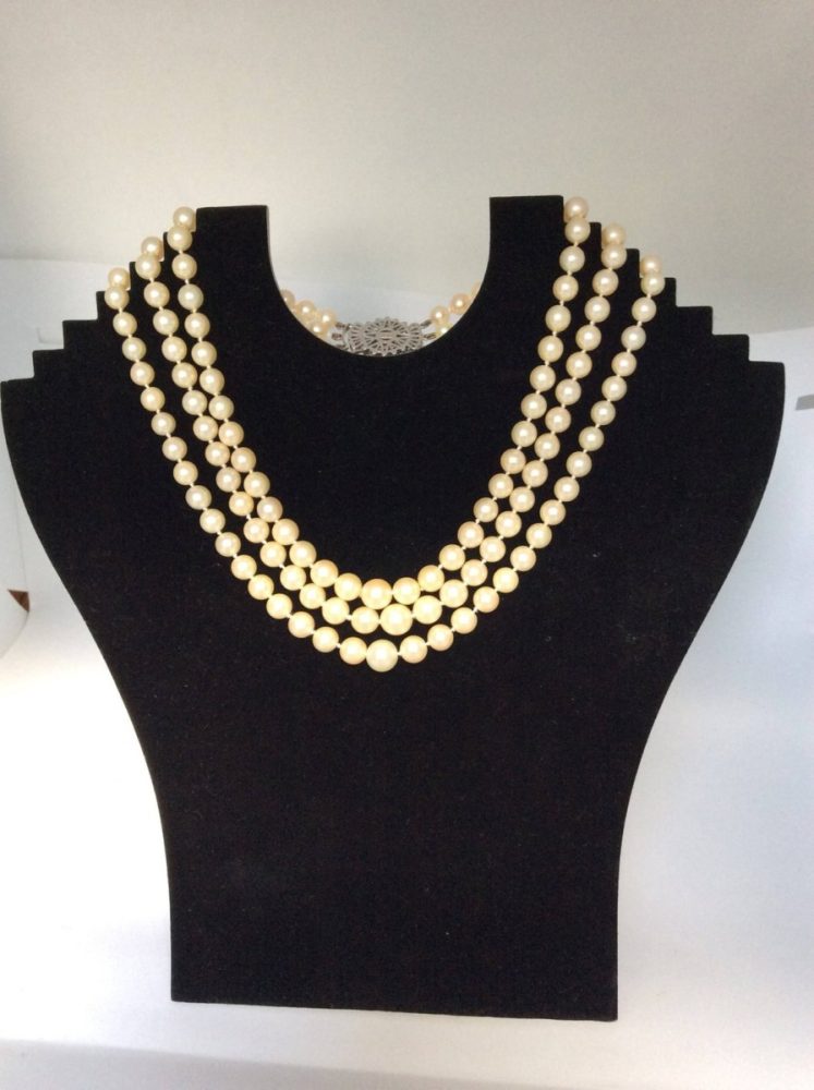 Vintage Three Row Pearl and Diamond Collar Necklace
