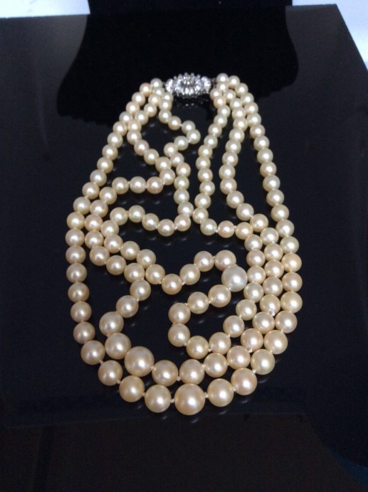 Vintage Three Row Pearl and Diamond Collar Necklace