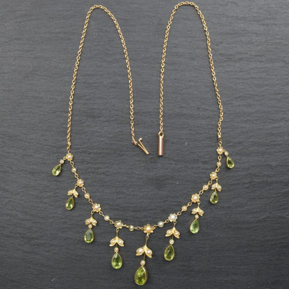Antique Edwardian Split Pearl and Peridot Necklace in 15ct Gold