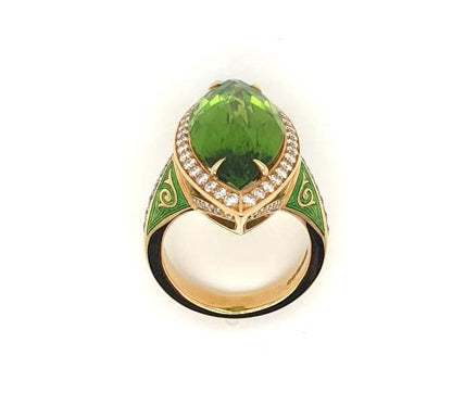 Peridot and Diamond Marquise Enamelled Ring