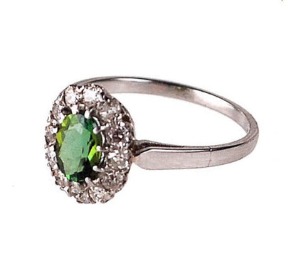 Peridot And Diamond Cluster Platinum Ring