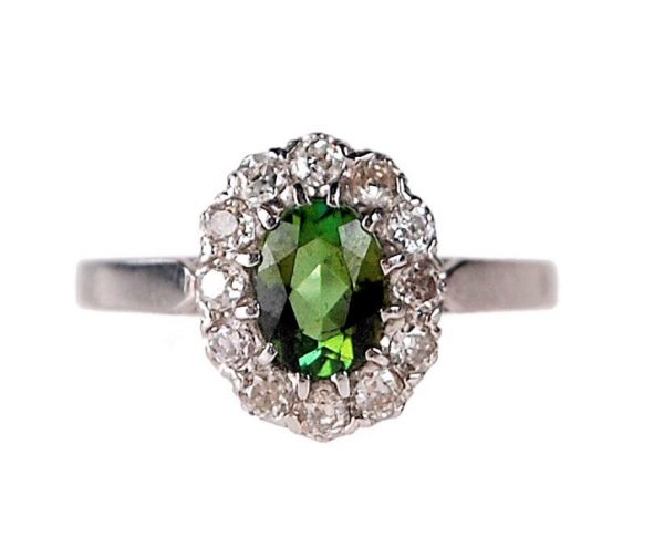 Peridot diamond cluster ring Old Mine Cut Diamonds in Platinum.