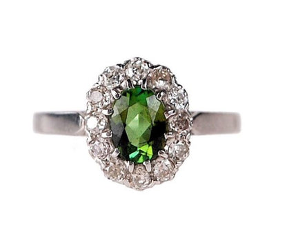 Peridot diamond cluster ring Old Mine Cut Diamonds in Platinum.