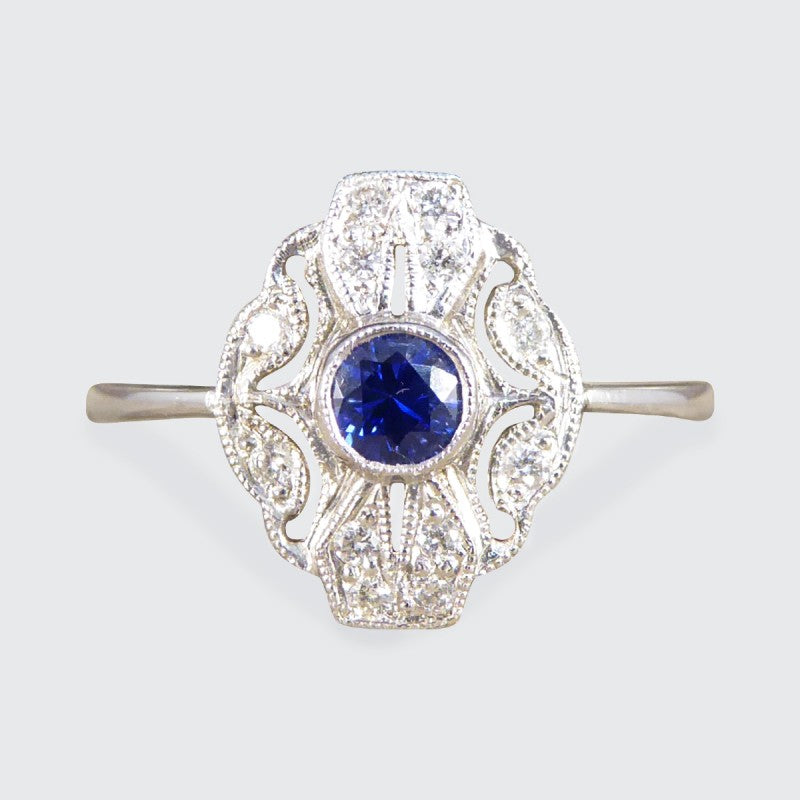 Period Art Deco Style Sapphire and Diamond Plaque Ring