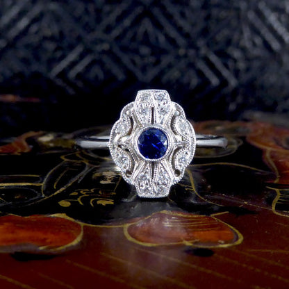 Period Art Deco Style Sapphire and Diamond Plaque Ring