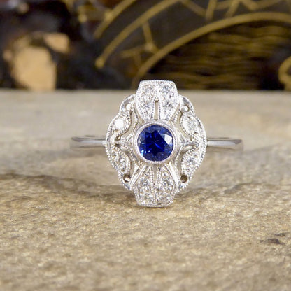 Period Art Deco Style Sapphire and Diamond Plaque Ring