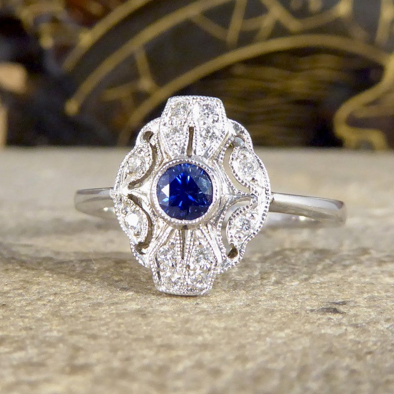 Period Art Deco Style Sapphire and Diamond Plaque Ring