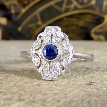 Period Art Deco Style Sapphire and Diamond Plaque Ring