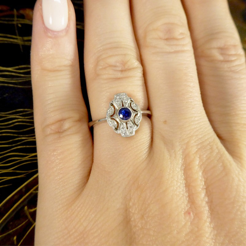 Period Art Deco Style Sapphire and Diamond Plaque Ring