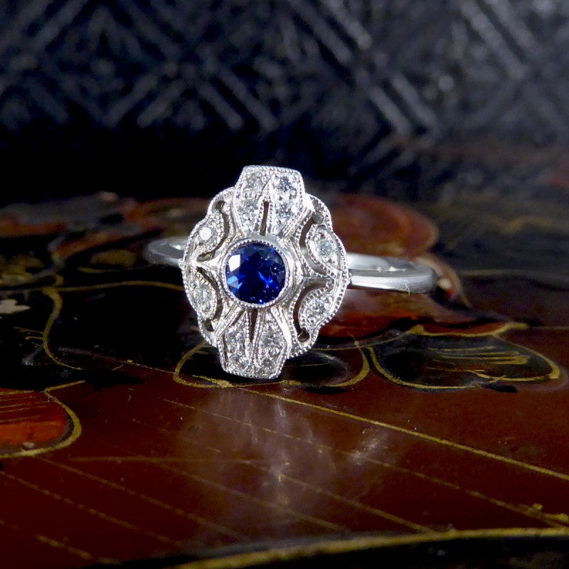 Period Art Deco Style Sapphire and Diamond Plaque Ring