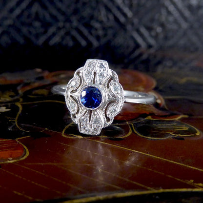 Period Art Deco Style Sapphire and Diamond Plaque Ring