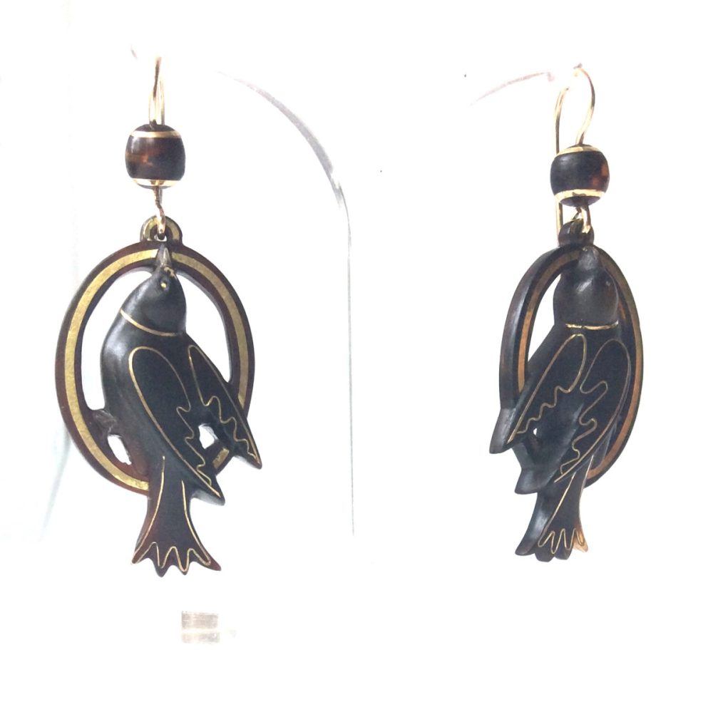 Rare Antique Victorian Tortoiseshell Gold Inlay Pique Earrings