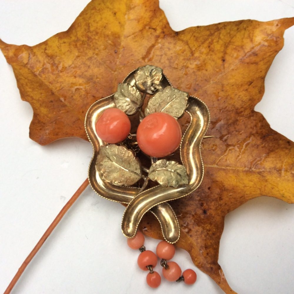 Antique Victorian Gold Coral Brooch