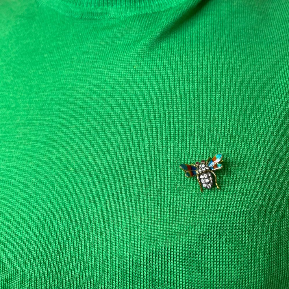 Antique insect brooch in gold and silver set with diamonds enamel and rubies. 