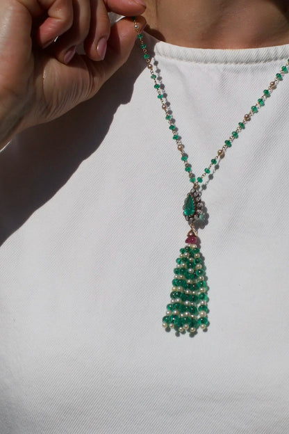 Emerald Ruby Pearl and Diamond Tassel Bead Pendant Drop Necklace