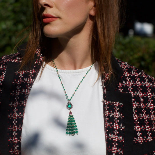 Emerald Ruby Pearl and Diamond Tassel Bead Pendant Drop Necklace