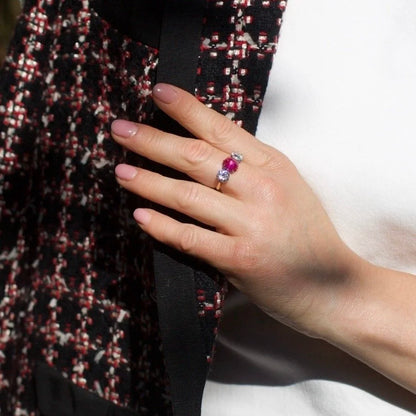 15kt Gold and Platinum Three-Stone Diamond and Natural Ruby Ring