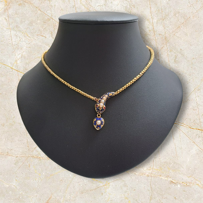 Victorian Antique Natural Pearl Blue Enamel and Gold Snake Necklace with Garnet Eyes, Circa 1850
