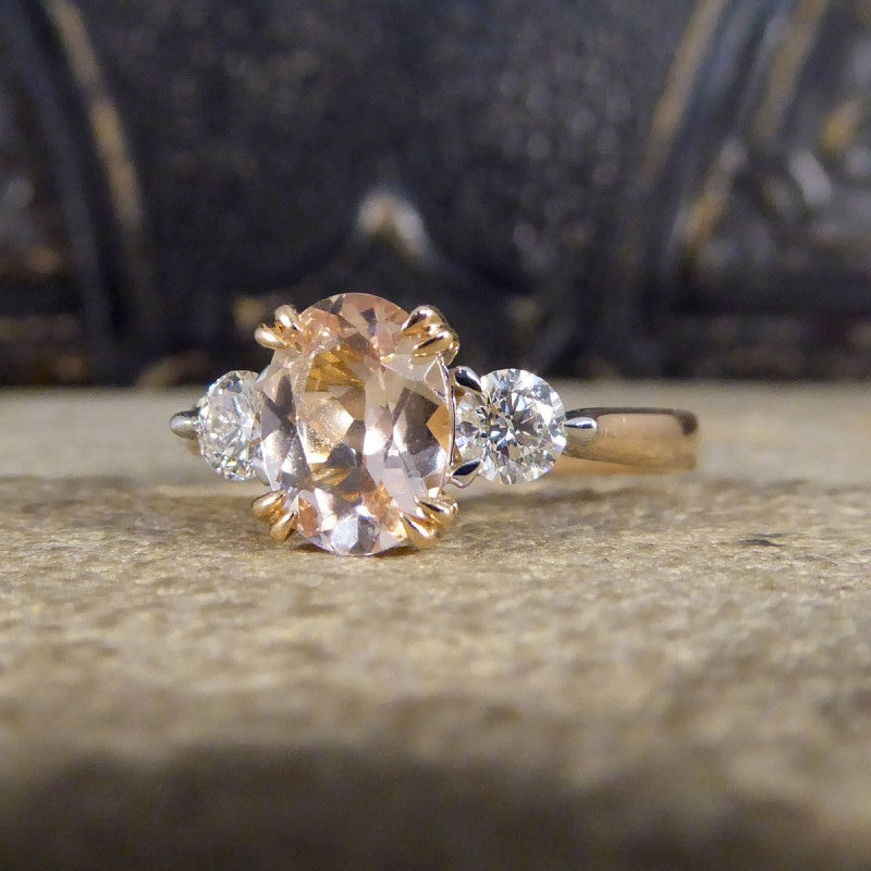 Pink Morganite and Diamond Three Stone Ring in 18ct Rose Gold