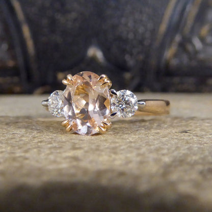 Pink Morganite and Diamond Three Stone Ring in 18ct Rose Gold