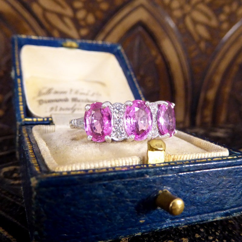 Pink Sapphire Three Stone Ring with Diamond Spacers