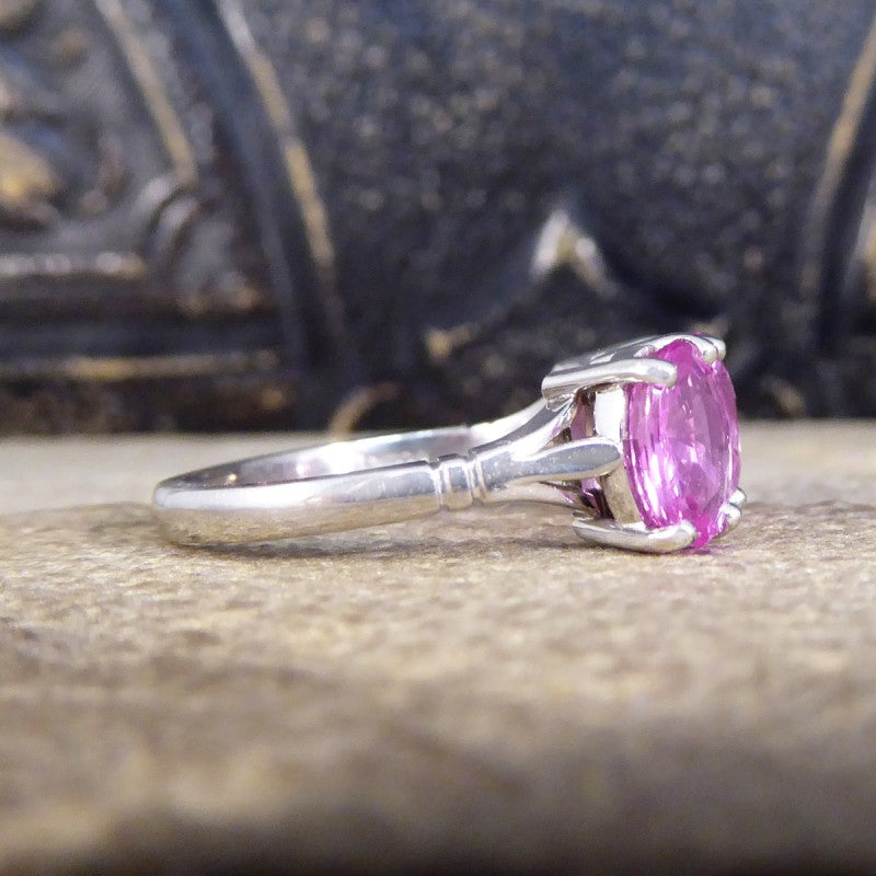 Pink Sapphire Three Stone Ring with Diamond Spacers