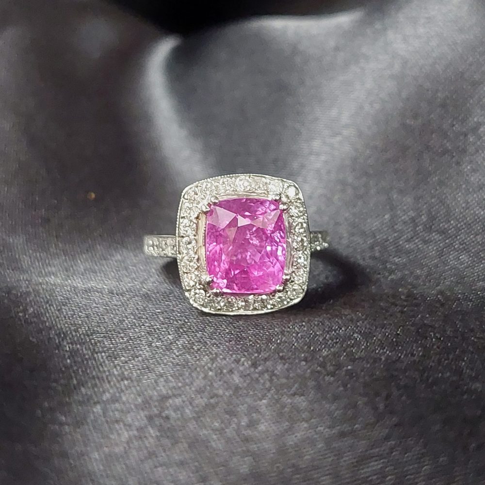 3.75ct Cushion Cut Pink Sapphire and Diamond Cluster Ring